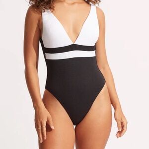 SEAFOLLY I Australia Slice Of Splice Deep V Neck One Piece - White swimsuit Cut
